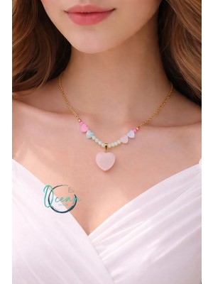 Oceandesign Renkli Dizili Kuvars Kalp Uçlu Kadın Kolye 45 cm Paslanmaz Çelik Zincir El Yapımı Şık Tasarım