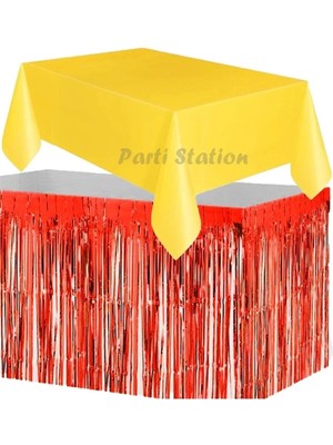 Parti Station Masa Örtüsü ve Masa Eteği Set Plastik Sarı Renk Masa Örtüsü Kırmızı Renk Metalize Masa Eteği Set