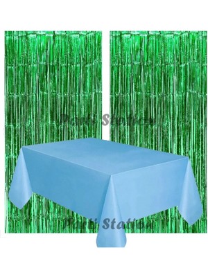 Parti Station 2 Adet Yeşil Renk Metalize Arka Fon Perdesi ve 1 Adet Plastik Mavi Renk Masa Örtüsü Set