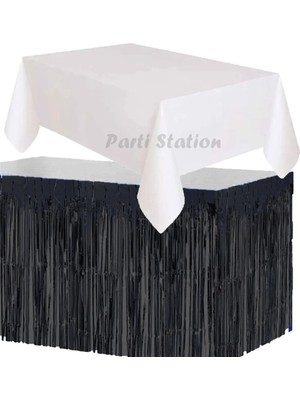 Parti Station Masa Örtüsü ve Masa Eteği Plastik Beyaz Renk Masa Örtüsü Siyah Renk Metalize Sarkıt Masa Eteği Set