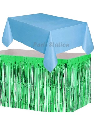 Parti Station Masa Örtüsü ve Eteği Set Plastik Mavi Renk Masa Örtüsü Yeşil Renk Metalize Sarkıt Masa Eteği Set