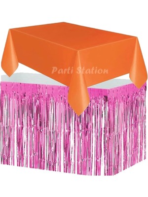 Parti Station Masa Örtüsü ve Masa Eteği Set Plastik Turuncu Renk Masa Örtüsü Pembe Renk Metalize Masa Eteği Set