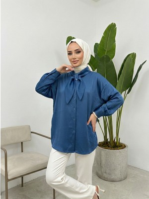 Miostil Yaka Detay Saten Tunik-Petrol Mavisi