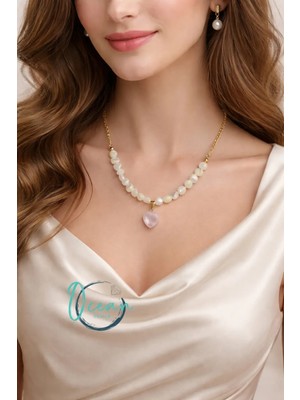 Oceandesign El Yapımı Taşlı Kuvars Kalp Uçlu 45 cm Çelik Zincir Kadın Kolye – Zarif Tasarım