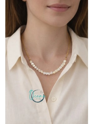 Oceandesign Doğal Beyaz Taşlı Kadın Kolye 45 cm Paslanmaz Çelik Zincir, El Yapımı Şık Tasarım