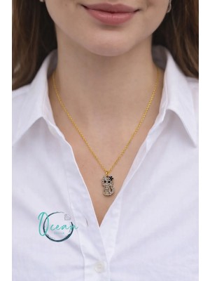 Oceandesign Zirkon Taşlı Sevimli Kedi Figürlü Kolye 45 cm Paslanmaz Çelik Zincir Kararmaz Gold Renk Kadın Kolye