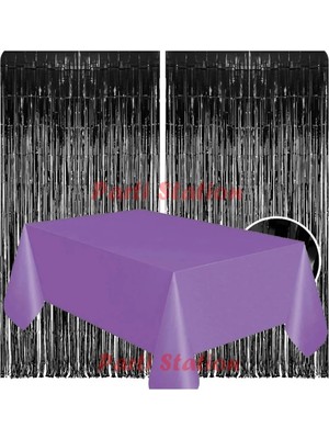 Parti Station 2 Adet Siyah Renk Metalize Arka Fon Perdesi ve 1 Adet Plastik Mor Renk Masa Örtüsü Set