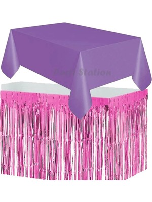 Parti Station Masa Örtüsü ve Eteği Set Plastik Mor Renk Masa Örtüsü Pembe Renk Metalize Sarkıt Masa Eteği Set