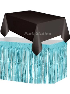 Parti Station Masa Örtüsü ve Masa Eteği Set Plastik Siyah Renk Masa Örtüsü Mavi Renk Metalize Masa Eteği Set