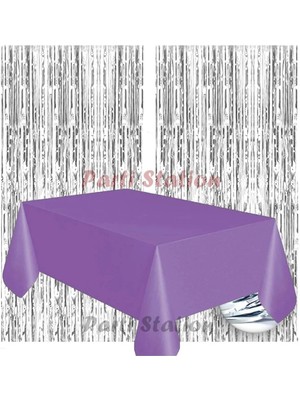 Parti Station 2 Adet Gümüş Gri Renk Metalize Arka Fon Perdesi ve 1 Adet Plastik Mor Renk Masa Örtüsü Set