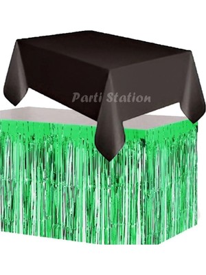 Parti Station Masa Örtüsü ve Masa Eteği Set Plastik Siyah Renk Masa Örtüsü Yeşil Renk Metalize Masa Eteği Set