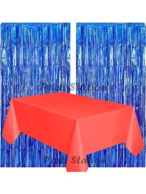 Parti Station 2 Adet Lacivert Renk Metalize Arka Fon Perdesi ve 1 Adet Plastik Kırmızı Renk Masa Örtüsü Set