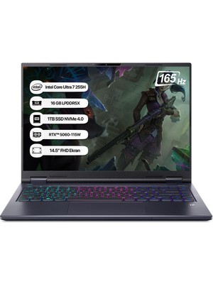 Acer Predator Intel Core U7 NH.QV0EY.001 255H 16GB 1tb SSD RTX5060-8GB 14.5" Wqxga 165Hz Dos Taşınabilir Bilgisayar