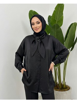 Miostil Yaka Detay Saten Tunik-Siyah