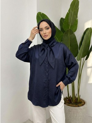 Miostil Yaka Detay Saten Tunik-Lacivert