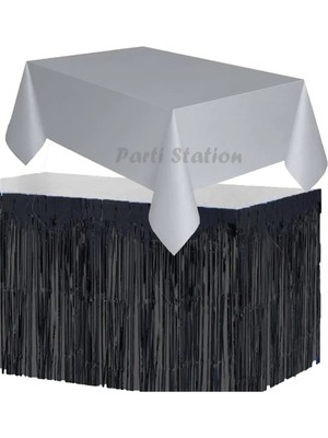 Parti Station Masa Örtüsü ve Masa Eteği Set Plastik Gri Renk Masa Örtüsü Siyah Renk Metalize Sarkıt Masa Eteği Set