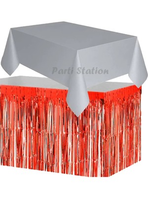 Parti Station Masa Örtüsü Masa Eteği Set Plastik Gri Renk Masa Örtüsü Kırmızı Renk Metalize Sarkıt Masa Eteği Set