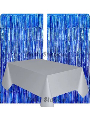 Parti Station 2 Adet Lacivert Renk Metalize Arka Fon Perdesi ve 1 Adet Plastik Gümüş Gri Renk Masa Örtüsü Set