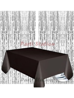 Parti Station 2 Adet Gümüş Gri Renk Metalize Arka Fon Perdesi ve 1 Adet Plastik Siyah Renk Masa Örtüsü Set