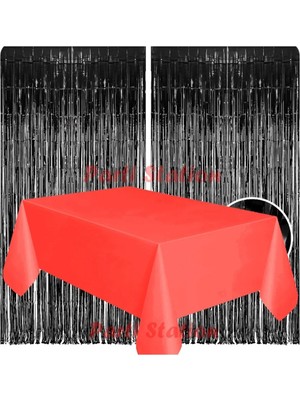 Parti Station 2 Adet Siyah Renk Metalize Arka Fon Perdesi ve 1 Adet Plastik Kırmızı Renk Masa Örtüsü Set