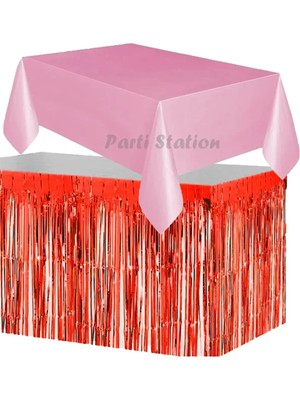 Parti Station Masa Örtüsü ve Etek Set Plastik Pembe Renk Masa Örtüsü Kırmızı Renk Metalize Sarkıt Masa Eteği Set