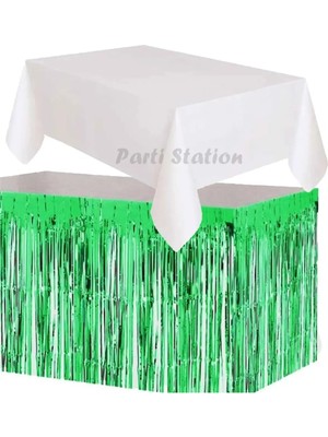 Parti Station Masa Örtüsü ve Masa Eteği Plastik Beyaz Renk Masa Örtüsü Yeşil Renk Metalize Sarkıt Masa Eteği Set