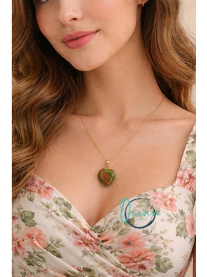 Oceandesign Duygusal Denge Taşı Unakit Kalp Uçlu Kadın Kolye 45 cm Çelik Zincir