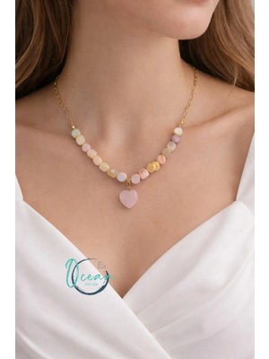 Oceandesign El Yapımı Renkli Dizili Kalp Kuvars Taşlı 45 cm Paslanmaz Çelik Kadın Kolye