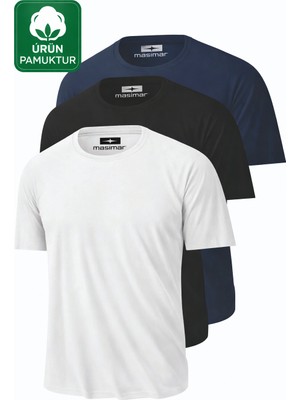 Masimar Erkek 3lü Basic Siyah Beyaz Lacivert Tişört Yuvarlak Yaka T-Shirt