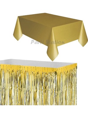 Parti Station Masa Örtüsü Masa Eteği Plastik Altın Gold Renk Masa Örtüsü Altın Renk Metalize Sarkıt Masa Eteği Set