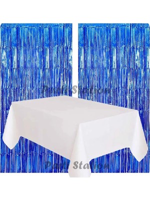 Parti Station 2 Adet Lacivert Renk Metalize Arka Fon Perdesi ve 1 Adet Plastik Beyaz Renk Masa Örtüsü Set