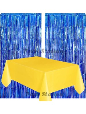 Parti Station 2 Adet Lacivert Renk Metalize Arka Fon Perdesi ve 1 Adet Plastik Sarı Renk Masa Örtüsü Set