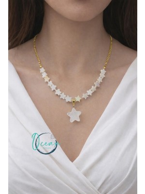 Oceandesign Doğal Yıldız Taşlı Kadın Kolye 45 cm Paslanmaz Çelik Zincir | Kuvars Yıldız Uçlu Şık Tasarım