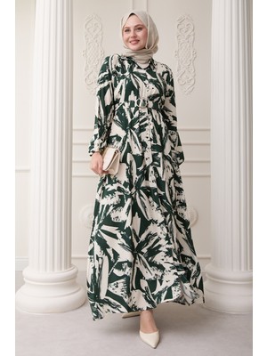 inStyle Düğmeli Fırça Desen Haki Viskon Elbise