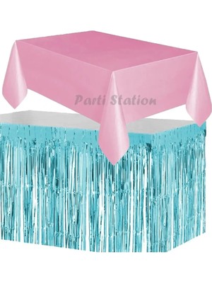 Parti Station Masa Örtüsü ve Etek Set Plastik Pembe Renk Masa Örtüsü Mavi Renk Metalize Sarkıt Masa Eteği Set