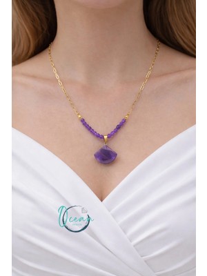 Oceandesign El Yapımı Ametist Taşlı Kadın Kolye 45 cm Paslanmaz Çelik Zincirli Ametist Uçlu Şık Tasarım