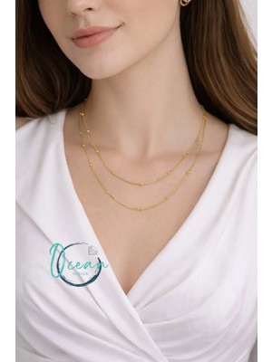 Oceandesign 2’li Topçuklu Kadın Kolye 45 cm | Paslanmaz Çelik Ikili Zincir Kolye, Gold Renk Şık Tasarım