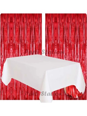 Parti Station 2 Adet Kırmızı Renk Metalize Arka Fon Perdesi ve 1 Adet Plastik Beyaz Renk Masa Örtüsü Set