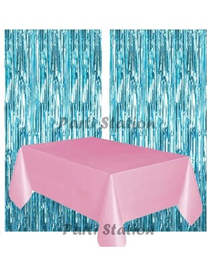 Parti Station 2 Adet Mavi Renk Metalize Arka Fon Perdesi ve 1 Adet Plastik Pembe Gri Renk Masa Örtüsü Set