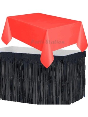 Parti Station Masa Örtüsü ve Etek Set Plastik Kırmızı Renk Masa Örtüsü Siyah Renk Metalize Sarkıt Masa Eteği Set