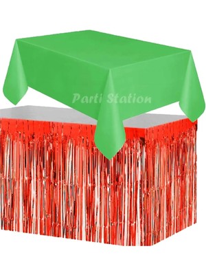 Parti Station Masa Örtüsü ve Masa Eteği Set Plastik Yeşil Renk Masa Örtüsü Kırmızı Renk Metalize Masa Eteği Set