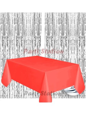 Parti Station 2 Adet Gümüş Gri Renk Metalize Arka Fon Perdesi ve 1 Adet Plastik Kırmızı Renk Masa Örtüsü Set