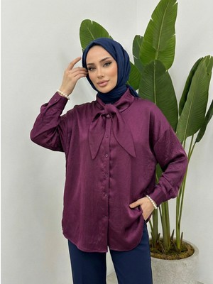 Foremia Yaka Detay Saten Tunik-Mürdüm -