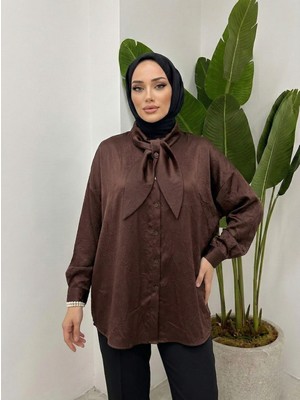 Miostil Yaka Detay Saten Tunik-Kahve