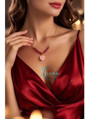 Oceandesign El Yapımı Yakut Taşlı Kadın Kolye 45 cm Paslanmaz Çelik Zincir Pembe Kuvars Kalp Uçlu Kolye