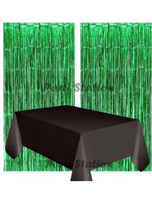 Parti Station 2 Adet Yeşil Renk Metalize Arka Fon Perdesi ve 1 Adet Plastik Siyah Renk Masa Örtüsü Set