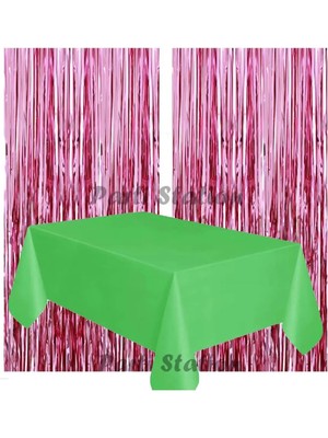 Parti Station 2 Adet Pembe Renk Metalize Arka Fon Perdesi ve 1 Adet Plastik Yeşil Renk Masa Örtüsü Set