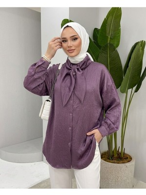 Foremia Yaka Detay Saten Tunik-Gül Kurusu -