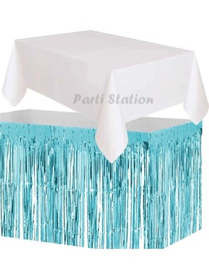 Parti Station Masa Örtüsü ve Masa Eteği Plastik Beyaz Renk Masa Örtüsü Mavi Renk Metalize Sarkıt Masa Eteği Set