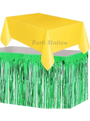 Parti Station Masa Örtüsü ve Masa Eteği Set Plastik Sarı Renk Masa Örtüsü Yeşil Renk Metalize Masa Eteği Set